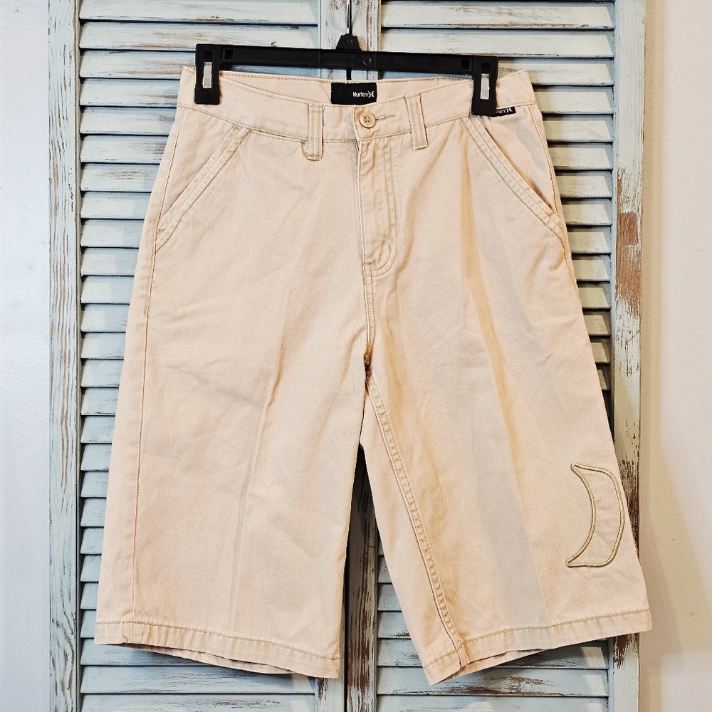 HURLEY Mens 28"/16 Khaki Tan Classic Fit Flat Front Skater Surf Chino Shorts EUC